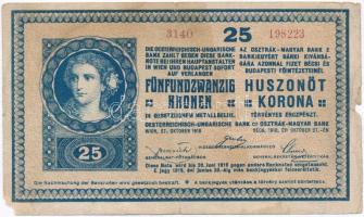 1918. 25K 3140 3mm, hullámos hátlap, hátoldalán hamis Felülbélyegezte a Magyar Népköztársaság Pénzügyi Népbiztosa 1919 felülbélyegzés (fake overprint) T:III-,IV