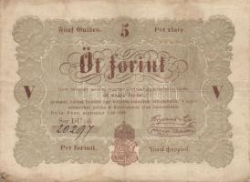 1848. 5Ft "Kossuth bankó" barna előlapja bal alsó sarokban a sorszámozó személy kézírásos megjegyzése! T:II/III