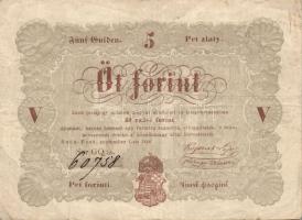 1848. 5Ft "Kossuth bankó" barna előlapi román "florini" szóban nyomdahibával "5"-ös értékszám erősen lefelé csúszott! T:II