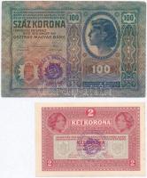 1912. 100K + 1917. 2K mindkettő hamis Budapest Vidéki M. Kir. Pénzügyigazgatóság felülbélyegzéssel (fake overprint) T:I,III