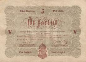 1848. 5Ft "Kossuth bankó" barna és vörösbarna színben mindkettő erősen le, illetve jobbra csúszott értékszámok + részleges betűhiányok! T:III