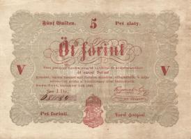 1848. 5Ft "Kossuth bankó" vörösbarna "5"-ös és római "V"-ös értékjelzések erősen jobbra és lefelé csúszva! T:II igen picit javítva