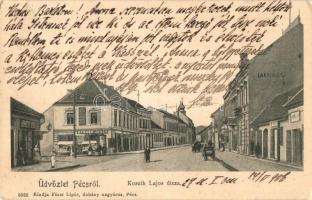 Pécs, Kossuth Lajos utca, Kerner János, Gyimóthy Gyula üzletei, lakatos. Fürst Lipót kiadása (kis szakadás / small tear)