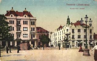 Temesvár, Timisoara; Scuder tér, villamos, üzletek / square, tram, shops (kopott sarkak / worn corners)
