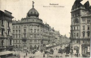 Budapest VIII. Rákóczi út (Blaha Lujza tér), villamosok, takarékpénztár, gyógyszertár (r)