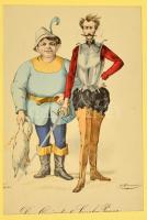 cca 1900 Don Quijote és Sancho Panza, színezett litográfia, papír, paszpartuban, 25×17 cm