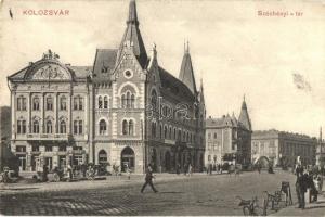 Kolozsvár, Cluj; Széchenyi tér, üzletek, gyógyszertár, piaci árusok / square, shops, pharmacy, market vendors (EK)