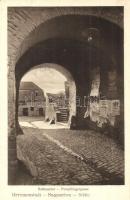 Nagyszeben, Hermannstadt, Sibiu; Rathaustor, Pempflingergasse / Városháza kapu, utcakép. Emil Fischer, Jos. Drotleff / town hall, street view