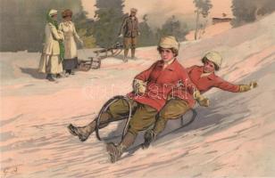 Sledding ladies. Meissner & Buch Künstler-Postkarten Serie 1800. Sport im Winter. litho