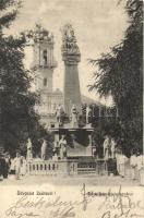 Zenta, Senta; Szentháromság szobor, háttérben a városháza. Kabos Ármin kiadása / Trinity statue, town hall