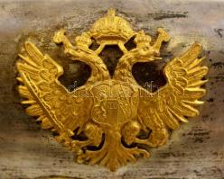 cca 1880 Vállszíjas tiszti tölténytáska, fa tok piros bőr borítással, oldalán ezüst fedlappal (jelze...