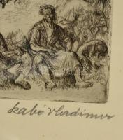 Szabó Vladimír (1905-1991): Középkori vásár. Rézkarc, papír, jelzett, üvegezett sérült keretben, 33×...