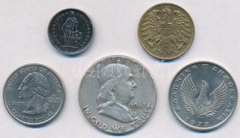 5db-os vegyes érme tétel, közte Amerikai Egyesült Államok 1963. 1/2$ Ag "Franklin", Svájc ...