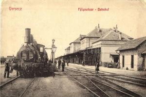Versec, Vrsac; vasútállomás és gőzmozdony. W.L. Bp. 104. / railway station with locomotive / Bahnhof (r)