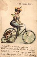 A XX. században / Lady with dog on bicycle. E.A. Schwerdtfeger & Co. No. 3222. litho (EK)
