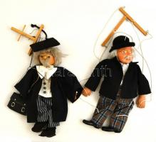 2 db minőségi német marionett báb, fa és kerámia fejjel és végtagokkal, m: 40 és 44 cm