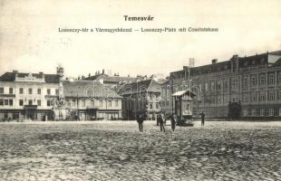 Temesvár, Timisoara; Losonczy tér, Vármegyeház, Szentháromság szobor, Gazdasági Bank, Rusch üzlete / square, county hall, Trinity statue, shop, bank