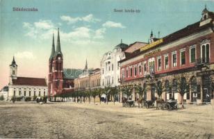 Békéscsaba, Szent István tér, Polgári leány iskola, Schreyer József üzlete, Hadiipar és Népbank Békés megyei fiókintézete (fl)