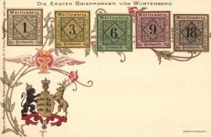Die Ersten Briefmarken von Würtemberg / The first set of stamps of Würtemberg, coat of arms. Menke-Huber, floral golden litho