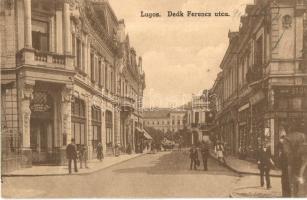 Lugos, Lugoj; Deák Ferenc utca, Corso kávéház, Stöhr Ferenc üzlete / street view, cafe, shops (Rb)