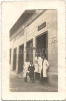 1938 Kula, Bencik Sándor fodrász üzlete előtt / hairdresser shop, photo (ragasztónyom / gluemark)