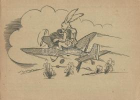 1943 Tábori postai levelezőlap / WWII Hungarian military field post, Easter greetings with aircrafts and rabbits (EK)