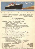 Gross-Motorschiff Monte Pascoal, Speisenfolge. Hamburg-Südamerikanische Dampfschiffahrts-Gesellschaft / Steamship adbertisement with menu (EB)