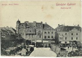 1899 Győr, Széchenyi tér, piac, Raab Lajos üzlete (vágott / cut)