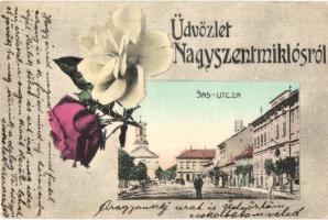 Nagyszentmiklós, Sannicolau Mare; Sas utca. rózsás keret / street view. Art Nouveau rose frame (EK)