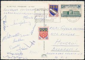 1966 Válogatott labdarúgó csapat (Bene, Dunai, Káposzta, Honti György MLSZ főtitkár, stb.) aláírása Strasbourgból, Egri Gyula MTS elnöknek címzett képeslapon