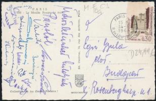 1963 1963 Újpesti Dózsa labdarúgó csapat (Solymosi, Káposzta, Gelei, stb.) aláírása Párizsból, Egri Gyula MTS elnöknek címzett képeslapon