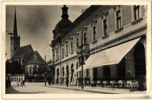 1940 Dés, Dej; Református templom, Hungária szálloda és étterem / church, hotel and restaurant. photo + 1940 Dés visszatért So. Stpl. (EK)