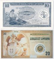 Jugoszlávia 2db bankjegy másolat, sorszámozott emlékkiadások. Egyiken ragasztónyomok. Yugoslavia 2pcs of banknote copies, numbered commemorative issues. One with gluemarks.