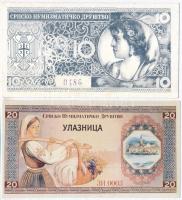 Jugoszlávia 2db bankjegy másolat, sorszámozott emlékkiadások. Egyiken ragasztónyomok.
Yugoslavia 2p...