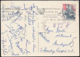1963 A Vasas labdarúgócsapat játékosainak (Sárosi, Bakos, Sas, stb.) aláírása Ostravából, Egri Gyula MTS elnöknek címzett képeslapon