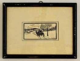 Dr. Silley jelzéssel: Szekér az úton, Tus, papír, üvegezett keretben, 5x9,5 cm