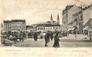 Szombathely, Horváth Boldizsár tér, piac, árusok, Hegedűs Miksa, Nemes József, Stadler Zsigmond üzletei