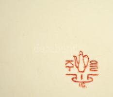 Porcelán szaké készlet, összesen 6 db, jelzett, egyik csészén és tálon kis festékfolt