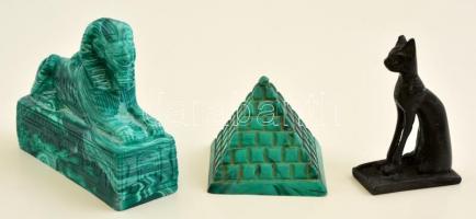 Egyiptomi stílusú szobrocskák, 3 db, szfinx, piramis, macska, m: 8,5 és 5,5 cm között