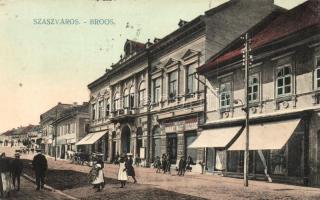 Szászváros, Broos, Orastie; M. kir. Dohány nagy tőzsde, utcakép, üzletek. Weisz Dezső kiadása / tobacco shop, street view (EK)