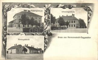 Nagyszeben, Hermannstadt, Sibiu; Kaserngebäude, Offiziersgebäude, Kantingebäude. Verlag Martin Bening Kantineur / K.u.K. katonai laktanya, tiszti épület, kantin / military barracks, officers' building, canteen. floral Art Nouveau (EK)