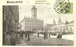 Komárom, Komárno; Palatinska ulica, Dostojnicka beseda / utca, Tiszti kaszinó. hátoldalra ragasztott...