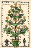 1938 Marthosi Mórocz Dénes tervezőművész kézzel rajzolt karácsonyi üdvözlő-művészlapja, hátoldalon is grafika / Hungarian hand-drawn Christmas art postcard, graphic art on the backside also s: M. M. D.