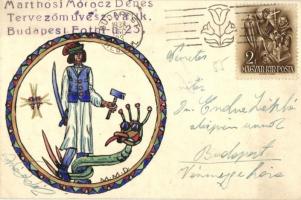 1938 Marthosi Mórocz Dénes tervezőművész kézzel rajzolt karácsonyi üdvözlő-művészlapja, hátoldalon i...