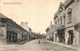 Lippa, Lipova; utcakép, Franz Schwarz, Schwarz Adolf és Klepp Testvérek üzlete / street view with shops