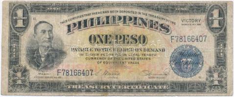 Fülöp-szigetek 1949. 1P "VICTORY" széria, piros "CENTRAL BANK OF THE PHILIPPINES" felülbélyegzéssel T:III- Philippines 1949. 1 Peso  "VICTORY" series, with red "CENTRAL BANK OF THE PHILIPPINES" overprint C:VG Krause 117