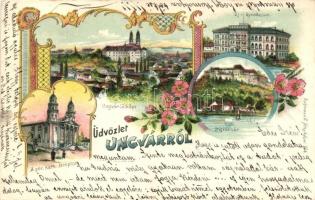 1898 Ungvár, Uzhorod, Uzshorod; új gimnázium, görög katolikus templom, vár / new grammar school, church, castle. Floral, Art Nouveau, litho
