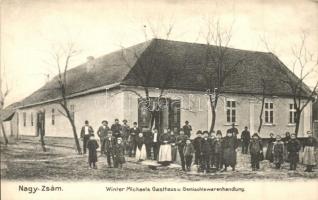 Nagyzsám, Jamu Mare, Grossscham; Winter Mihály vendéglője és üzlete. Dajkovits J. utóda kiadása / Winter Michaels Gasthaus und Gemischtewarenhandlung / guest house and shop (EK)