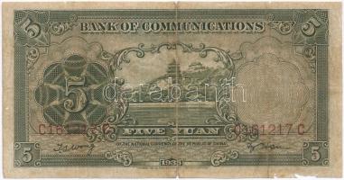 Kína 1935. 5Y T:III- szakadás, ly.
China 1935. 5 Yuan C:VG tear, hole