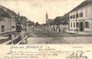 Szászsebes, Mühlbach, Sebes; Görög utca Josef Glaser üzletével / Griechengasse / street view with shop (EK)